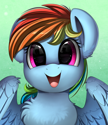 Size: 1722x2003 | Tagged: safe, artist:pridark, character:rainbow dash, species:pegasus, species:pony, bust, chest fluff, cute, dashabetes, dilated pupils, ear fluff, eye reflection, female, fluffy, gradient background, green background, happy, hnnng, implied fluttershy, looking at you, mare, open mouth, portrait, reflection, silhouette, simple background, smiling, solo, spread wings, weapons-grade cute, wing fluff, wings