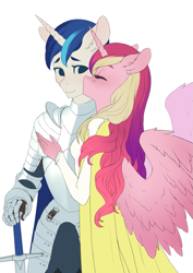 Size: 905x1280 | Tagged: safe, artist:glorious-rarien, character:princess cadance, character:shining armor, species:alicorn, species:anthro, species:pony, species:unicorn, ship:shiningcadance, armor, clothing, eyes closed, female, husband and wife, kiss on the cheek, kissing, male, mare, married couple, prince, princess, shipping, simple background, stallion, straight, sword, weapon, white background