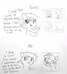 Size: 1384x1534 | Tagged: safe, artist:tjpones, character:twilight sparkle, oc, oc:tjpones, species:earth pony, species:pony, art, artist, black and white, bust, chest fluff, comic, dialogue, drawing, ear fluff, ear piercing, faec, grayscale, lineart, monochrome, piercing, relatable, self deprecation, simple background, traditional art