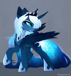 Size: 3157x3392 | Tagged: safe, artist:magnaluna, character:princess luna, species:alicorn, species:pony, alternate design, angry, badass, chest fluff, curved horn, ear fluff, ethereal mane, eyeshadow, fangs, female, floppy ears, frown, galaxy mane, glare, glow, glowing cutie mark, glowing mane, glowing tail, gray background, gritted teeth, hoof fluff, horn, jewelry, leg fluff, looking back, makeup, mare, nightmare luna, raised hoof, regalia, shoulder fluff, simple background, slit eyes, solo, sparkles, wing fluff