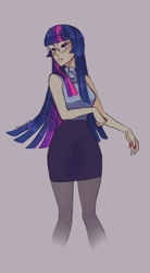 Size: 692x1254 | Tagged: safe, artist:nemovonsilver, character:twilight sparkle, species:human, beautiful, clothing, female, glasses, humanized, miniskirt, pantyhose, skirt, solo