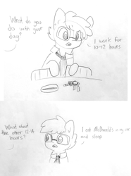 Size: 1812x2433 | Tagged: safe, artist:tjpones, oc, oc only, oc:tjpones, species:earth pony, species:pony, car keys, comic, dialogue, ear fluff, ear piercing, glasses, grayscale, key, keychain, lineart, male, monochrome, necktie, offscreen character, pencil drawing, piercing, simple background, solo, stallion, traditional art, white background