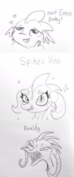 Size: 860x2048 | Tagged: safe, artist:tjpones, character:princess ember, character:spike, species:dragon, ship:emberspike, comic, daydream, dialogue, dragoness, female, heart, lidded eyes, lineart, male, reality ensues, sharp teeth, shipping, simple background, sparkles, straight, teeth, traditional art