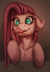 Size: 1016x1453 | Tagged: safe, artist:foldeath, character:pinkamena diane pie, character:pinkie pie, species:pony, bueno, female, floppy ears, licking, licking lips, sketch, solo, sweat, tongue out