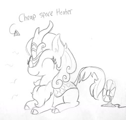 Size: 1440x1371 | Tagged: safe, artist:tjpones, character:autumn blaze, species:kirin, episode:sounds of silence, g4, my little pony: friendship is magic, black and white, cute, eyes closed, fan, female, grayscale, lifehacks, lineart, monochrome, pencil drawing, prone, simple background, smiling, solo, space heater, traditional art, white background