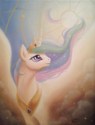 Size: 430x568 | Tagged: source needed, safe, artist:cynthia conner, artist:dracontiar, edit, character:princess celestia, species:alicorn, species:pony, cloud, cropped, ethereal mane, female, galaxy mane, jewelry, looking up, majestic, mare, regalia, smiling, solo, spread wings, sun, traditional art, windswept mane, wings
