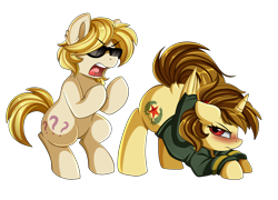 Size: 3262x2346 | Tagged: safe, artist:pridark, oc, oc only, oc:ariel radiance, oc:katya ironstead, species:alicorn, species:pony, alicorn oc, annoyed, blushing, clothing, commission, dock, duo, ear fluff, face down ass up, female, flank, gangnam style, jacket, male, mare, open mouth, simple background, stallion, sunglasses, transparent background