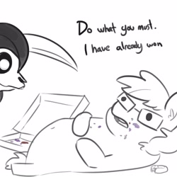 Size: 1650x1650 | Tagged: safe, artist:tjpones, oc, oc:tjpones, species:earth pony, species:pony, dialogue, duo, ear fluff, fat, food, glasses, good end, grim reaper, lineart, lying down, male, meme, on back, ponified animal photo, scythe, simple background, stallion, this will end in death, white background