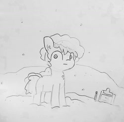 Size: 1402x1380 | Tagged: safe, artist:tjpones, oc, oc only, oc:tjpones, species:earth pony, species:pony, black and white, chest fluff, clipboard, ear fluff, ear piercing, grayscale, lineart, male, monochrome, piercing, simple background, snow, solo, stallion, thousand yard stare, traditional art