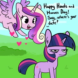 Size: 1650x1650 | Tagged: safe, artist:tjpones, character:princess cadance, character:twilight sparkle, character:twilight sparkle (unicorn), species:alicorn, species:pony, species:unicorn, episode:hearts and hooves day, g4, my little pony: friendship is magic, bags under eyes, dialogue, duo, female, forever a virgin, forever alone, grumpy, grumpy twilight, mare, princess of love, resting bitch face, twilight is not amused, unamused