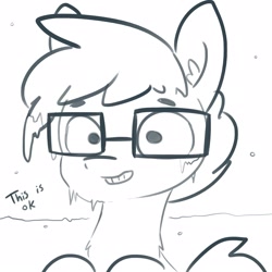Size: 1650x1650 | Tagged: safe, artist:tjpones, oc, oc only, oc:tjpones, species:earth pony, species:pony, climate change, dialogue, ear fluff, freezing, frozen, glasses, grayscale, grin, hypothermia, ice, lineart, male, monochrome, ok, polar vortex, simple background, smiling, snow, solo, stallion, this is fine, white background, wide eyes