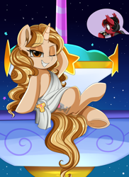 Size: 2550x3509 | Tagged: safe, artist:pridark, oc, oc:taralicious, species:bat pony, species:pony, species:unicorn, blushing, camera, clothing, commission, crossed legs, female, fountain of dreams, male, mare, night, one eye closed, pete wentz, ponified celebrity, sitting, smiling, stallion, tara strong, toga, wink