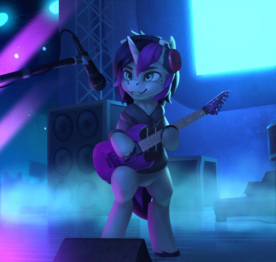 Size: 550x523 | Tagged: safe, artist:rodrigues404, oc, oc only, oc:purple flame, species:pony, species:unicorn, animated, clothing, concert, digital art, gif, guitar, headphones, hoodie, male, microphone, music, my little pony, stallion