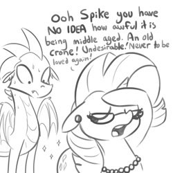 Size: 1500x1500 | Tagged: safe, artist:tjpones, character:rarity, character:spike, species:dragon, species:pony, species:unicorn, ship:sparity, cougar, dialogue, ear piercing, eyes closed, eyes on the prize, female, floppy ears, glasses, jewelry, lineart, male, mare, marshmelodrama, necklace, nervous, older, older rarity, older spike, open mouth, pearl necklace, piercing, shipping, simple background, sparkles, spread wings, straight, sweat, text, white background, winged spike, wings, wrong