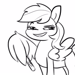 Size: 1650x1650 | Tagged: safe, artist:tjpones, character:rainbow dash, species:pegasus, species:pony, black and white, female, grayscale, grin, implied pregnancy, looking at you, mare, meme, monochrome, pregnancy test, pregnancy test meme, pregnant, simple background, sketch, smiling, white background, wing hands, wing hold