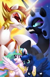 Size: 776x1199 | Tagged: safe, artist:christadoodles, character:daybreaker, character:nightmare moon, character:princess celestia, character:princess luna, species:alicorn, species:pony, episode:a royal problem, g4, my little pony: friendship is magic, crossing horns, duality, ethereal mane, female, fight, gritted teeth, horns are touching, hug, looking at each other, magic, mane of fire, sisters, smiling