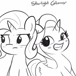 Size: 1650x1650 | Tagged: safe, artist:tjpones, part of a set, character:starlight glimmer, character:trixie, species:pony, species:unicorn, blushing, grin, implied lesbian, implied shipping, implied startrix, monochrome, smiling, suggestive description, sweat