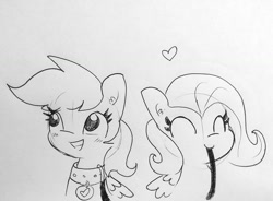 Size: 1615x1189 | Tagged: safe, artist:tjpones, character:fluttershy, character:rainbow dash, species:pony, black and white, blushing, collar, cute, ear fluff, eyes closed, female, floating heart, grayscale, heart, implied flutterdash, implied lesbian, implied pet play, implied shipping, leash, lineart, mare, monochrome, mouth hold, open mouth, pencil drawing, pet play, pet tag, pet-dash, simple background, smiling, traditional art