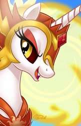 Size: 735x1136 | Tagged: safe, artist:christadoodles, character:daybreaker, character:princess celestia, species:alicorn, species:pony, armor, bust, evil, eyelashes, fangs, female, looking at you, mare, open mouth, portrait, signature