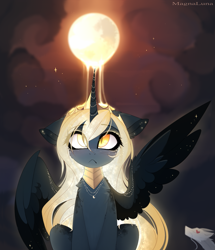 Size: 1555x1809 | Tagged: safe, artist:magnaluna, character:princess luna, oc, oc:zefiroth, species:alicorn, species:dragon, species:pony, :<, female, glowing mane, heart eyes, horn, jewelry, magic, male, mare, moon, necklace, regalia, slit eyes, slit pupils, solo, spread wings, wingding eyes, wings