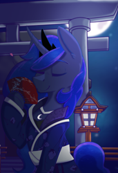 Size: 4550x6650 | Tagged: safe, artist:lula-moonarts, character:princess luna, species:alicorn, species:pony, absurd resolution, clothing, eyes closed, female, full moon, kimono (clothing), mare, moon, solo