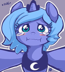 Size: 944x1038 | Tagged: safe, artist:ende26, edit, character:princess luna, species:alicorn, species:pony, blushing, crying, cute, female, filly, hug, sad face, solo, weapons-grade cute, woona, younger