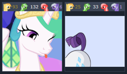 Size: 320x185 | Tagged: safe, artist:tjpones, edit, edited screencap, editor:lolledits, screencap, character:princess celestia, character:rarity, oc, oc:comment, oc:downvote, oc:favourite, oc:upvote, species:alicorn, species:pony, derpibooru, derpibooru ponified, ship:rarilestia, episode:celestial advice, g4, my little pony: friendship is magic, bleb, cute, daaaaaaaaaaaw, eyes on the prize, female, gif, happy, juxtaposition, lesbian, mare, meta, one eye closed, out of context, plot, ponified, shipping, sillestia, silly, tongue out, weapons-grade cute, wink