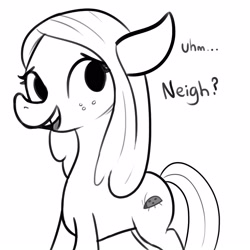 Size: 1650x1650 | Tagged: safe, artist:tjpones, character:ocellus, species:changeling, species:earth pony, species:pony, cute, dialogue, diaocelles, disguise, disguised changeling, female, filly, floppy ears, freckles, grayscale, lineart, looking at you, monochrome, neigh, open mouth, pony ocellus, seems legit, simple background, smiling, solo, text, white background
