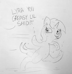 Size: 1307x1335 | Tagged: safe, artist:tjpones, character:lyra heartstrings, species:pony, species:unicorn, bipedal, chest fluff, dialogue, ear fluff, female, greasy, implied bon bon, l.u.l.s., mare, offscreen character, running, shid, silly, silly pony, solo, tongue out, u lil shid, vaseline, vulgar
