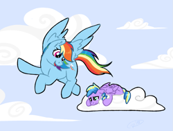 Size: 925x700 | Tagged: safe, artist:ruushiicz, character:rainbow dash, oc, oc:rumpletiny, parent:applejack, parent:rainbow dash, parents:appledash, species:pegasus, species:pony, cloud, female, filly, flying lesson, magical lesbian spawn, mare, mother and daughter, offspring, scared, sky, story included