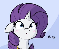 Size: 771x632 | Tagged: safe, artist:tjpones, edit, character:rarity, species:pony, species:unicorn, blushing, bust, cropped, edit of an edit of an edit, edited edit, female, frown, horn, jewelry, mare, nervous grin, offscreen character, open mouth, out of context, reaction image, shocked, solo, wide eyes