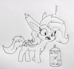 Size: 1529x1440 | Tagged: safe, artist:tjpones, character:flutterbat, character:fluttershy, species:bat pony, species:pony, air freshener, apple, bat ponified, chest fluff, ear fluff, exclamation point, female, grayscale, lineart, mare, monochrome, open mouth, race swap, sharp teeth, simple background, solo, spray can, teeth, that pony sure does love apples, this will end in tears, traditional art
