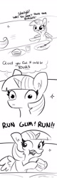 Size: 1650x5184 | Tagged: safe, artist:tjpones, character:starlight glimmer, character:twilight sparkle, character:twilight sparkle (alicorn), species:alicorn, species:pony, species:unicorn, burger, comic, deception, female, food, lineart, monochrome, run forrest run, simpsons did it, stealing, the simpsons, twilight burgkle