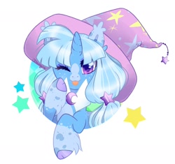 Size: 1500x1410 | Tagged: safe, artist:nemovonsilver, character:trixie, species:classical unicorn, species:pony, species:unicorn, blaze (coat marking), blep, clothing, cloven hooves, cute, ear fluff, female, freckles, hat, looking at you, mare, one eye closed, silly, solo, stars, tongue out, trixie's hat, unshorn fetlocks, wink
