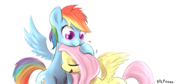 Size: 703x335 | Tagged: safe, artist:mlpanon, character:fluttershy, character:rainbow dash, species:pony, ship:flutterdash, cropped, cute, female, hug, lesbian, shipping, simple background, white background