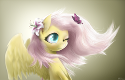 Size: 2769x1785 | Tagged: dead source, safe, artist:mlpanon, character:fluttershy, butterfly, cute, flower, flower in hair, shyabetes, solo, windswept mane