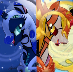 Size: 1127x1122 | Tagged: safe, artist:christadoodles, artist:zouis-malikson, edit, character:daybreaker, character:nightmare moon, character:princess celestia, character:princess luna, species:alicorn, species:pony, day, duo, ethereal mane, eyestrain warning, female, mare, moon, night, sun, two sides