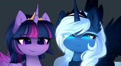 Size: 3176x1756 | Tagged: safe, artist:magnaluna, character:princess luna, character:twilight sparkle, character:twilight sparkle (alicorn), species:alicorn, species:pony, crown, female, jewelry, mare, regalia, smiling