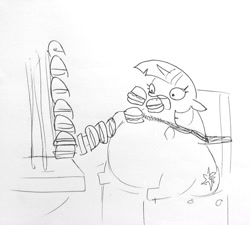 Size: 1597x1440 | Tagged: safe, artist:tjpones, character:twilight sparkle, species:pony, black and white, bondage, burger, chair, eating, fat, female, food, force feeding, grayscale, lineart, mare, monochrome, rope, rope bondage, simple background, simpsons did it, sitting, solo, the simpsons, tied up, traditional art, twilight burgkle