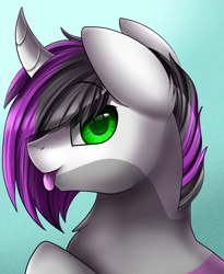 Size: 1446x1764 | Tagged: safe, artist:pridark, oc, oc:backy niramay, species:pony, species:unicorn, alternate hairstyle, blep, bust, curved horn, cute, green eyes, hair over one eye, heterochromia, horn, looking at you, multicolored coat, pink hair, portrait, silly, tongue out