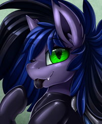 Size: 1446x1764 | Tagged: safe, artist:pridark, oc, oc:kuro, species:bat pony, species:pony, bat pony oc, black tongue, blep, bust, commission, female, green eyes, latex, mare, one eye closed, portrait, silly, solo, tongue out, wink