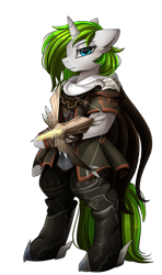 Size: 1671x2825 | Tagged: safe, artist:pridark, oc, oc only, oc:vinyl mix, species:anthro, species:pony, species:unicorn, archer, bipedal, clothing, commission, crossbow, fantasy class, looking at you, simple background, solo, transparent background, weapon