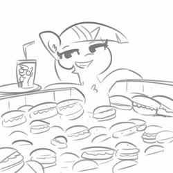 Size: 1650x1650 | Tagged: safe, artist:tjpones, character:twilight sparkle, character:twilight sparkle (unicorn), species:pony, species:unicorn, black and white, burger, chest fluff, drink, fast food, female, food, grayscale, hay burger, lineart, mare, monochrome, simple background, smiling, smug, solo, swimming pool, twilight burgkle, wat, white background