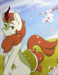 Size: 2982x3850 | Tagged: safe, artist:lula-moonarts, character:autumn blaze, species:kirin, episode:sounds of silence, g4, my little pony: friendship is magic, awwtumn blaze, cherry blossoms, colored eyebrows, cute, eyebrows, female, flower, flower blossom, flower petals, high res, sitting, solo, three quarter view, tree branch