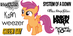 Size: 1500x730 | Tagged: safe, artist:deratrox, character:scootaloo, species:pegasus, species:pony, episode:newbie dash, g4, my little pony: friendship is magic, alternative metal, alternative rock, emo, green day, hard rock, heavy metal, killswitch engage, korn, linkin park, metalcore, music, my chemical romance, nu metal, pop punk, simple background, solo, system of a down, three days grace, vector, weezer, white background