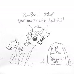Size: 1417x1421 | Tagged: safe, artist:tjpones, character:lyra heartstrings, species:pony, species:unicorn, amicicide, black and white, dark comedy, death, diabetes, dialogue, epitaph, female, gravestone, grayscale, grin, implied bon bon, implied death, implied murder, it's just a prank bro, l.u.l.s., lineart, literal diabetes, mare, monochrome, murder, open mouth, prank gone wrong, pure unfiltered evil, rest in peace, simple background, sketch, smiling, solo, text, this ended in death, u lil shid, wat, we are going to hell, white background