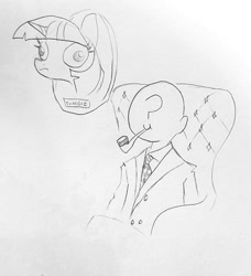 Size: 1136x1243 | Tagged: safe, artist:tjpones, character:twilight sparkle, oc, oc:anon, species:human, species:pony, species:unicorn, :t, armchair, chair, clothing, dead, decapitated, derp, female, frown, grayscale, grimderp, hunting trophy, lineart, mare, monochrome, mounted head, necktie, pipe, severed head, simple background, sitting, smiling, smoking, suit, taxidermy, traditional art, trophy, twiggles, wat, we are going to hell, white background