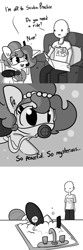 Size: 1650x4950 | Tagged: safe, artist:tjpones, oc, oc only, oc:brownie bun, oc:richard, species:earth pony, species:human, species:pony, horse wife, clothing, comic, couch, dialogue, diving, ear fluff, female, grayscale, human male, kitchen sink, male, mare, monochrome, newspaper, pun, scuba, scuba diving, scuba gear, scuba mask, shirt, silly, silly pony, simple background, sink, sitting, snorkel, white background
