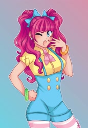 Size: 1372x2000 | Tagged: safe, artist:nemovonsilver, character:pinkie pie, species:human, my little pony:equestria girls, alternate hairstyle, bow, cute, diapinkes, female, gradient background, hair bow, hand on hip, humanized, nail polish, one eye closed, open mouth, pigtails, solo, suspenders, wink, yawn