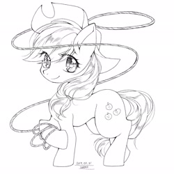 Size: 2048x2048 | Tagged: safe, artist:zakro, character:applejack, species:earth pony, species:pony, black and white, clothing, cowboy hat, cute, female, hat, hoof hold, lasso, looking at you, mare, monochrome, rope, simple background, solo, white background